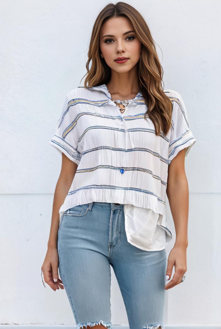 v neck thin loose plaid short sleeved blouse 104649
