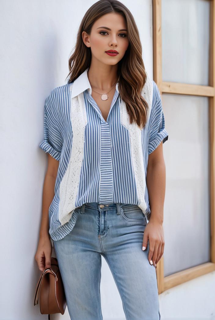 v neck thin loose plaid short sleeved blouse 104664