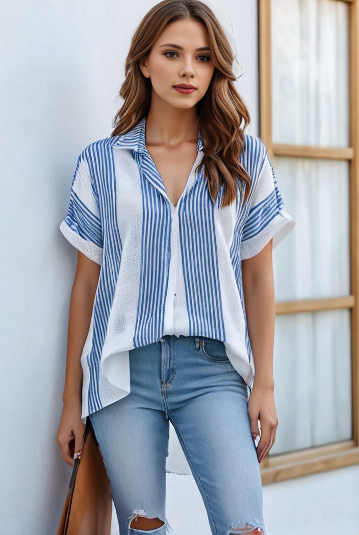 v neck thin loose plaid short sleeved blouse 104668