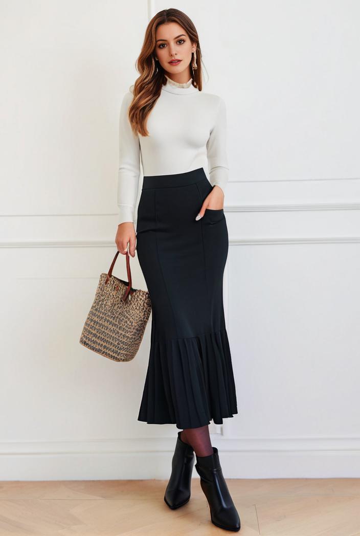 mermaid denim skirt with slant pockets stretch high waist women s denim midi skirt 144233
