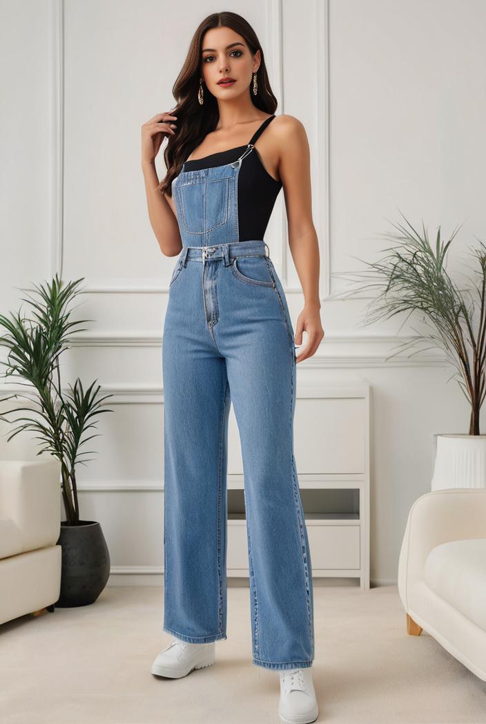 relaxed fit denim jumpsuit with slant pockets non elastic washed denim overalls women s denim apparel 146374