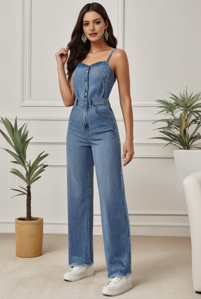 relaxed fit denim jumpsuit with slant pockets non elastic washed denim overalls women s denim apparel 146377