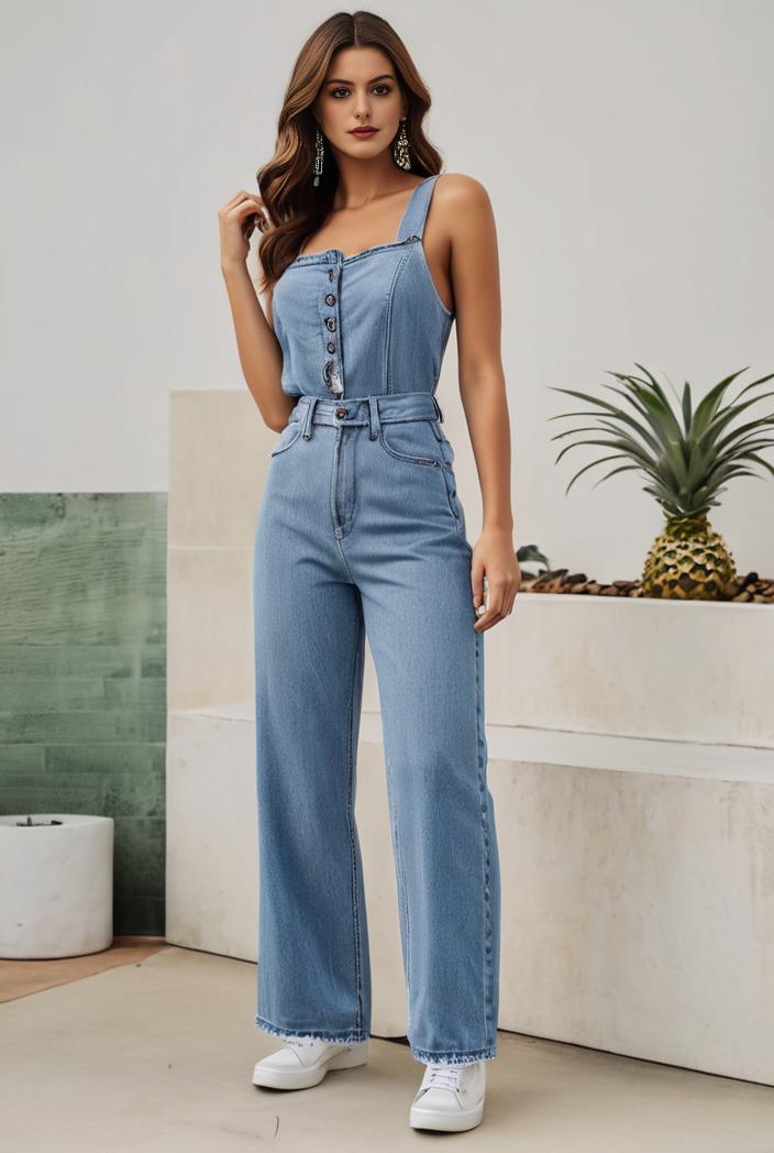 relaxed fit denim jumpsuit with slant pockets non elastic washed denim overalls women s denim apparel 146379