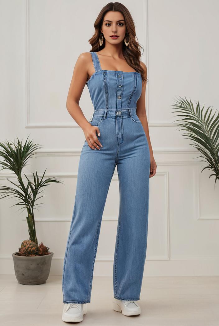 relaxed fit denim jumpsuit with slant pockets non elastic washed denim overalls women s denim apparel 146382
