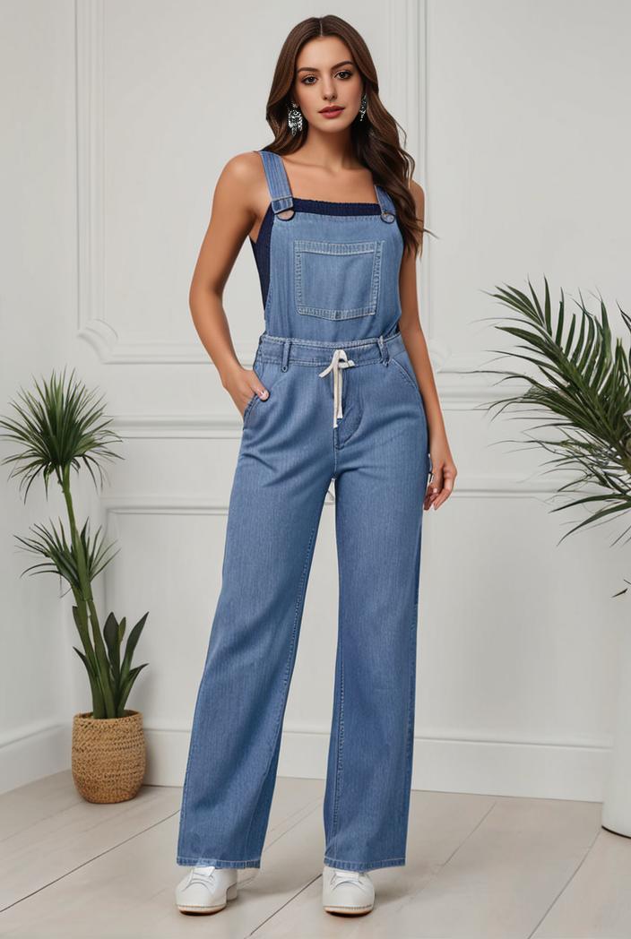 relaxed fit denim jumpsuit with slant pockets non elastic washed denim overalls women s denim apparel 146384