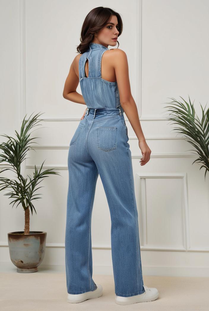 relaxed fit denim jumpsuit with slant pockets non elastic washed denim overalls women s denim apparel 146390