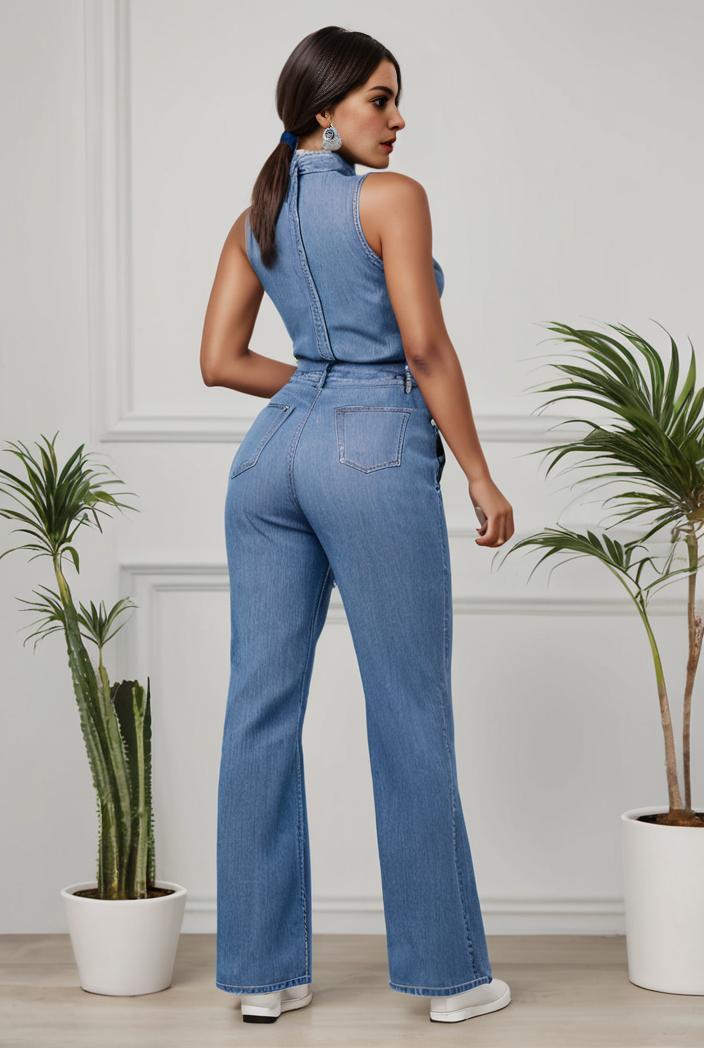 relaxed fit denim jumpsuit with slant pockets non elastic washed denim overalls women s denim apparel 146392