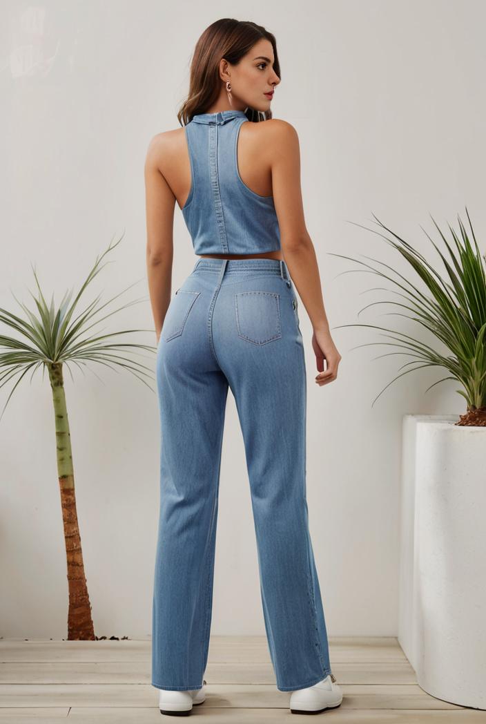 relaxed fit denim jumpsuit with slant pockets non elastic washed denim overalls women s denim apparel 146396