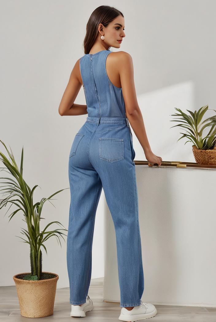 relaxed fit denim jumpsuit with slant pockets non elastic washed denim overalls women s denim apparel 146397