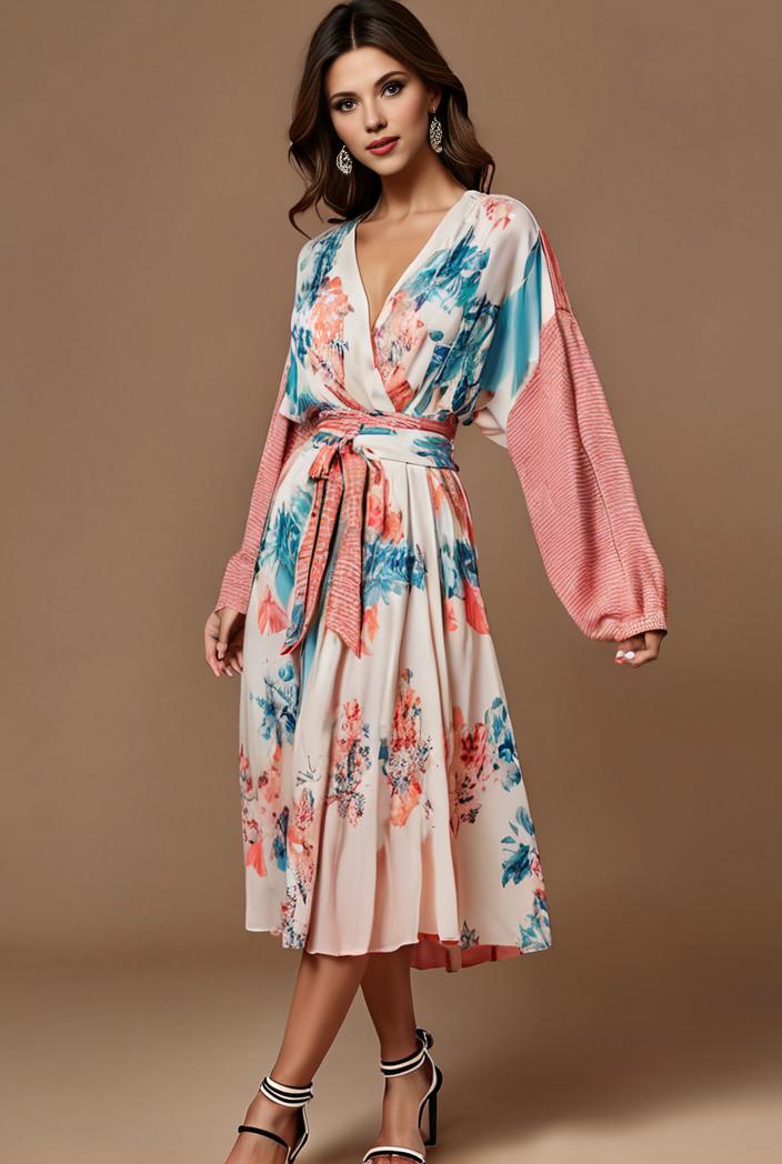 floral peacock print long sleeve loose swim robe beach cover up coat 120312