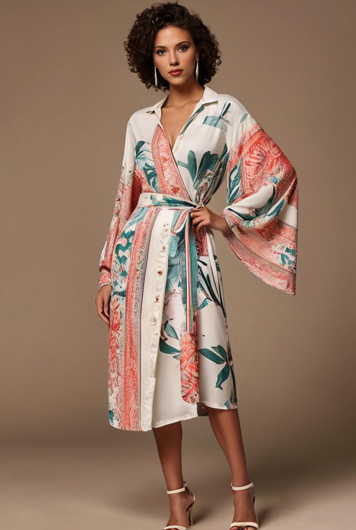 floral peacock print long sleeve loose swim robe beach cover up coat 120318