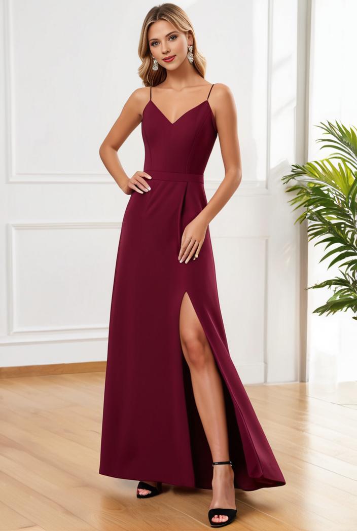 pleated v neck spaghetti strap high slit bridesmaid dress 127039