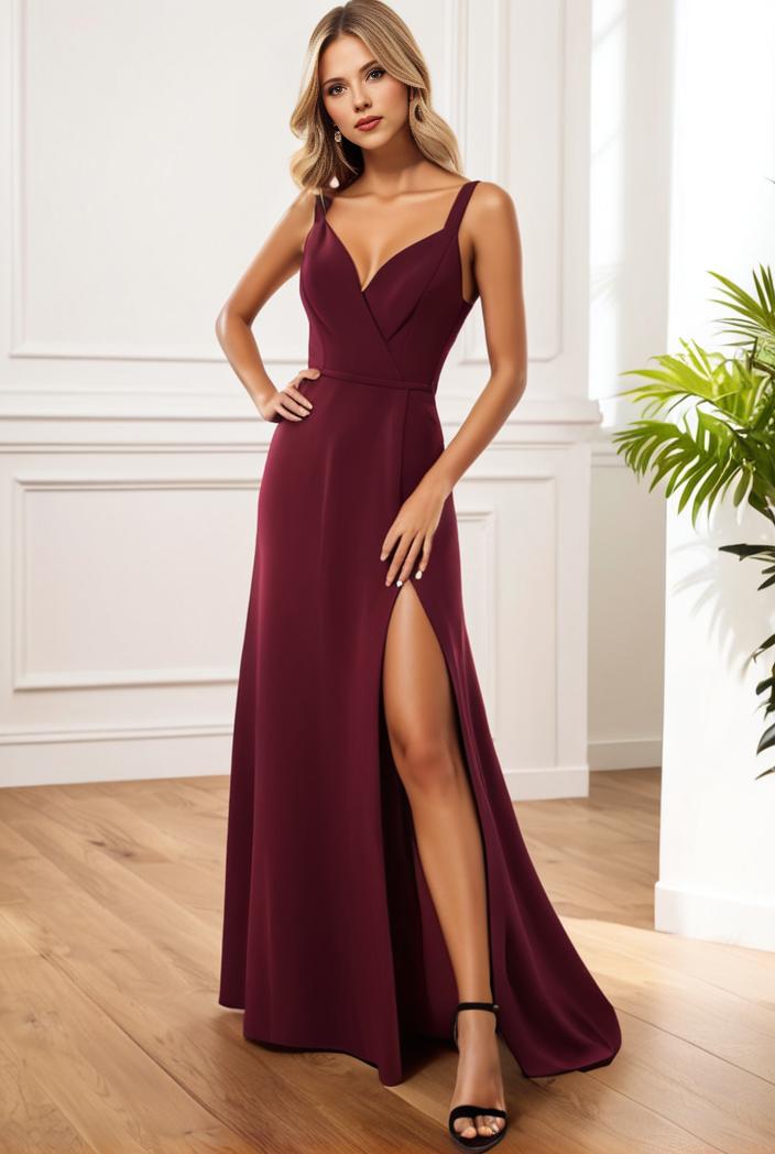 pleated v neck spaghetti strap high slit bridesmaid dress 127040