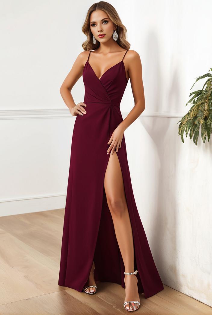 pleated v neck spaghetti strap high slit bridesmaid dress 127043