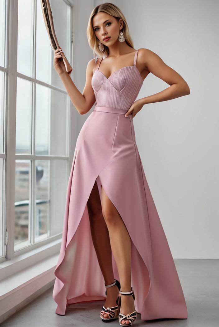 pleated v neck spaghetti strap high slit bridesmaid dress 127045