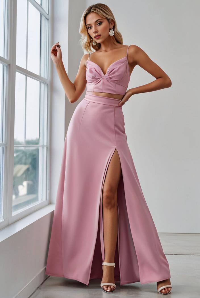 pleated v neck spaghetti strap high slit bridesmaid dress 127047