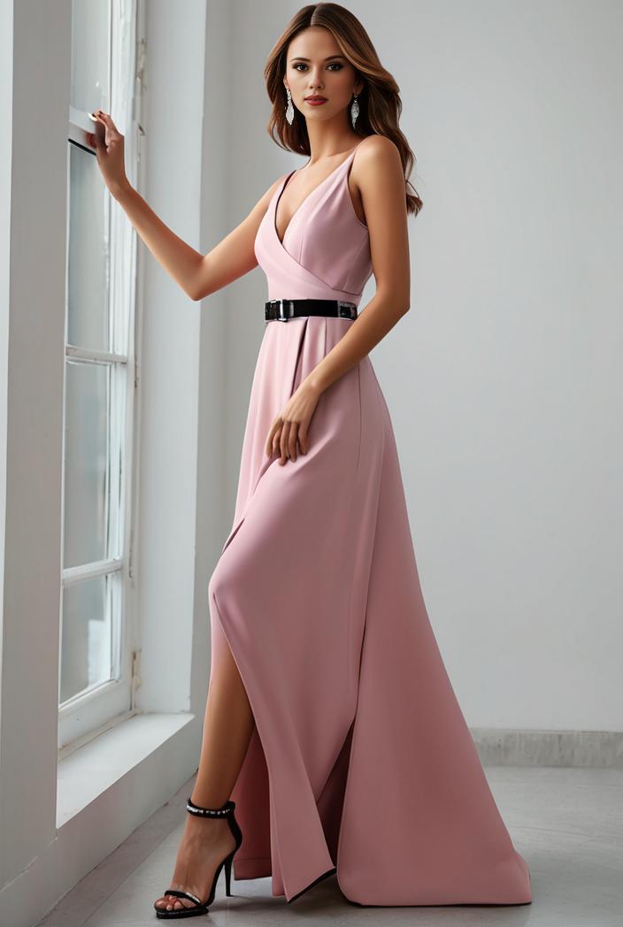 pleated v neck spaghetti strap high slit bridesmaid dress 127061