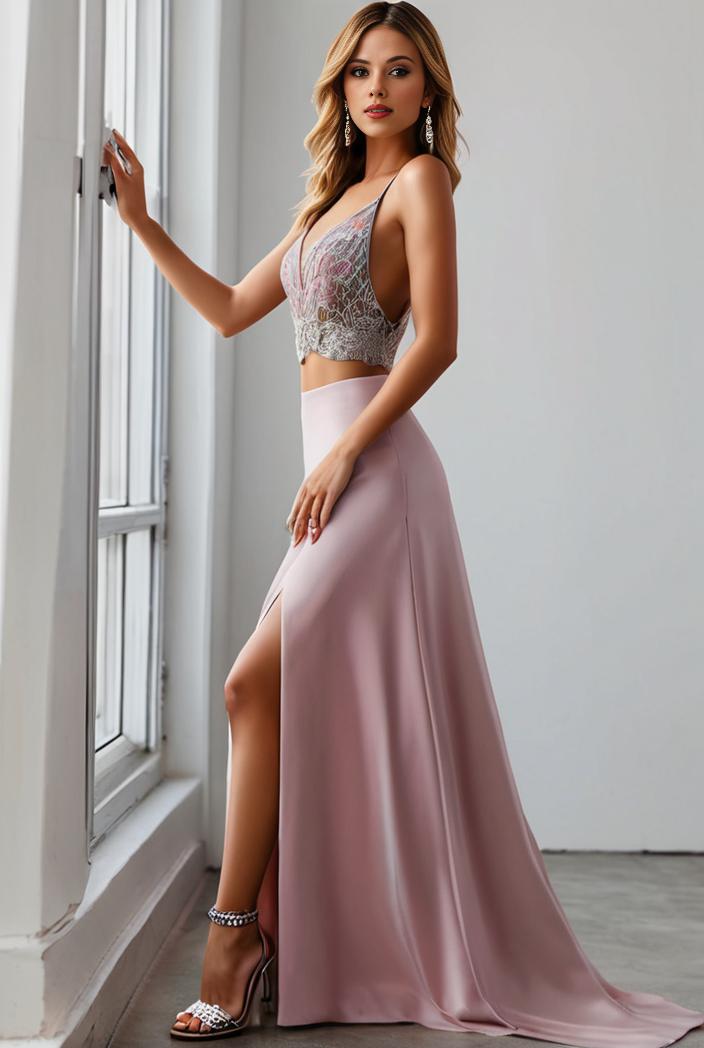 pleated v neck spaghetti strap high slit bridesmaid dress 127068