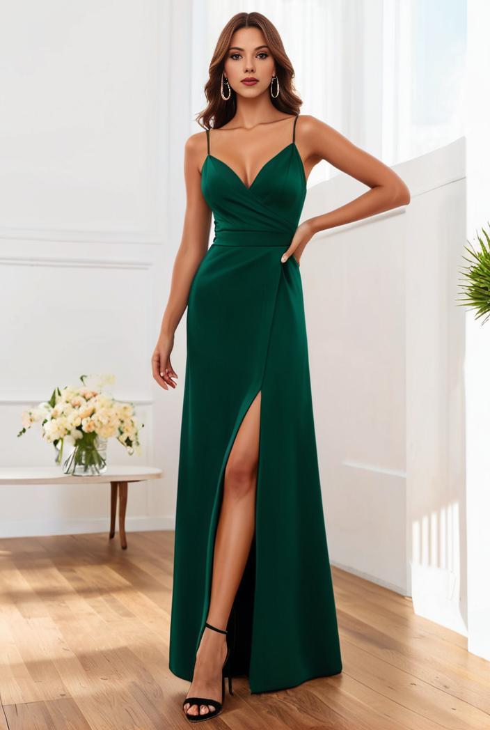 pleated v neck spaghetti strap high slit bridesmaid dress 127074