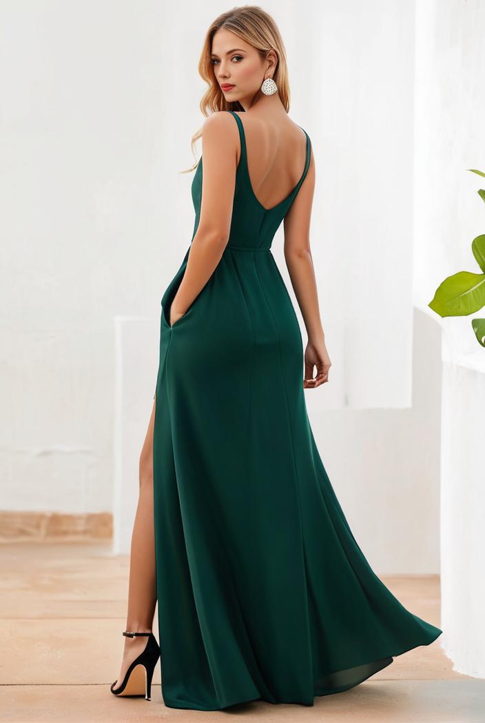 pleated v neck spaghetti strap high slit bridesmaid dress 127077