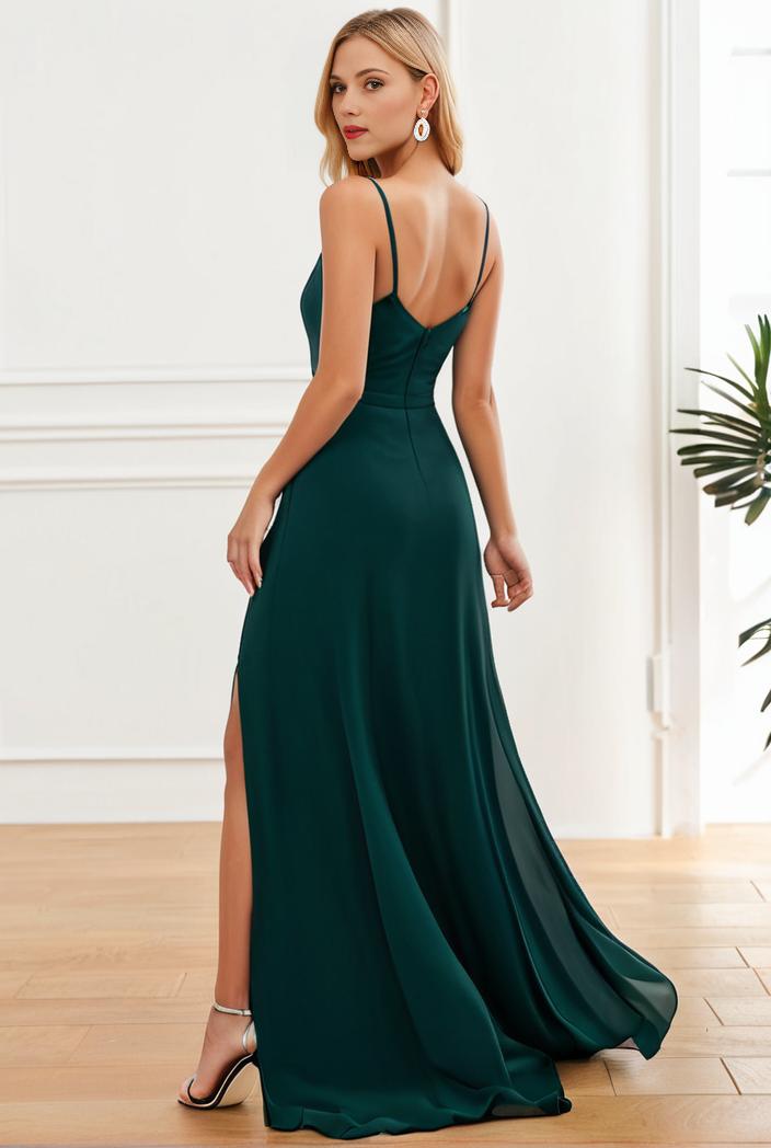 pleated v neck spaghetti strap high slit bridesmaid dress 127082