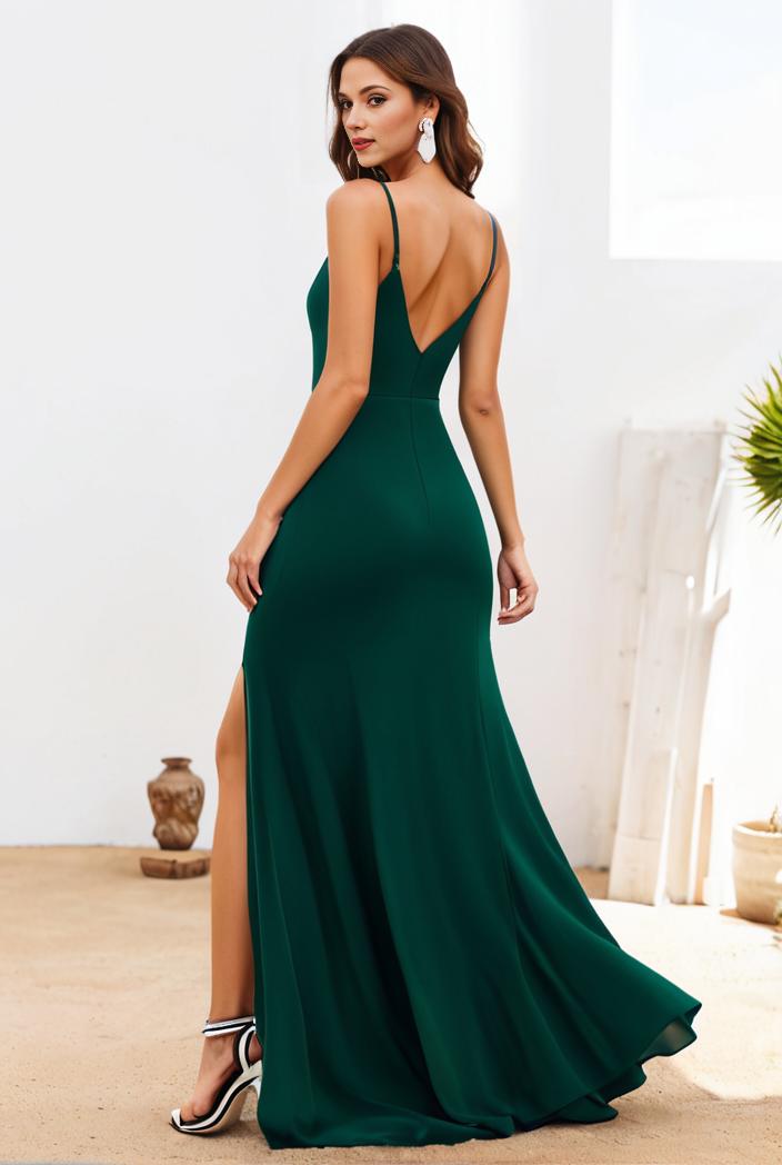 pleated v neck spaghetti strap high slit bridesmaid dress 127083