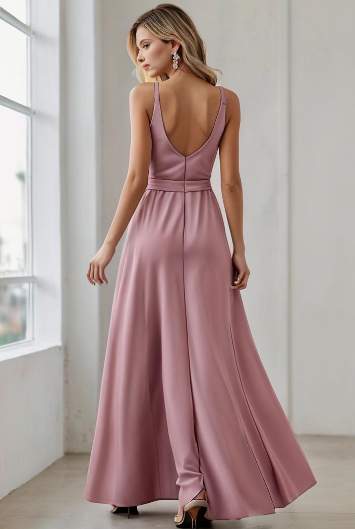 pleated v neck spaghetti strap high slit bridesmaid dress 127094