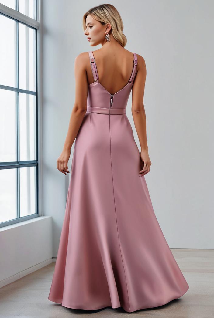 pleated v neck spaghetti strap high slit bridesmaid dress 127095