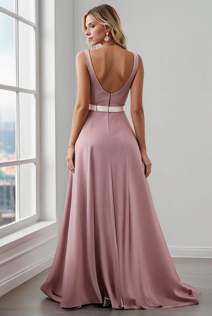 pleated v neck spaghetti strap high slit bridesmaid dress 127096