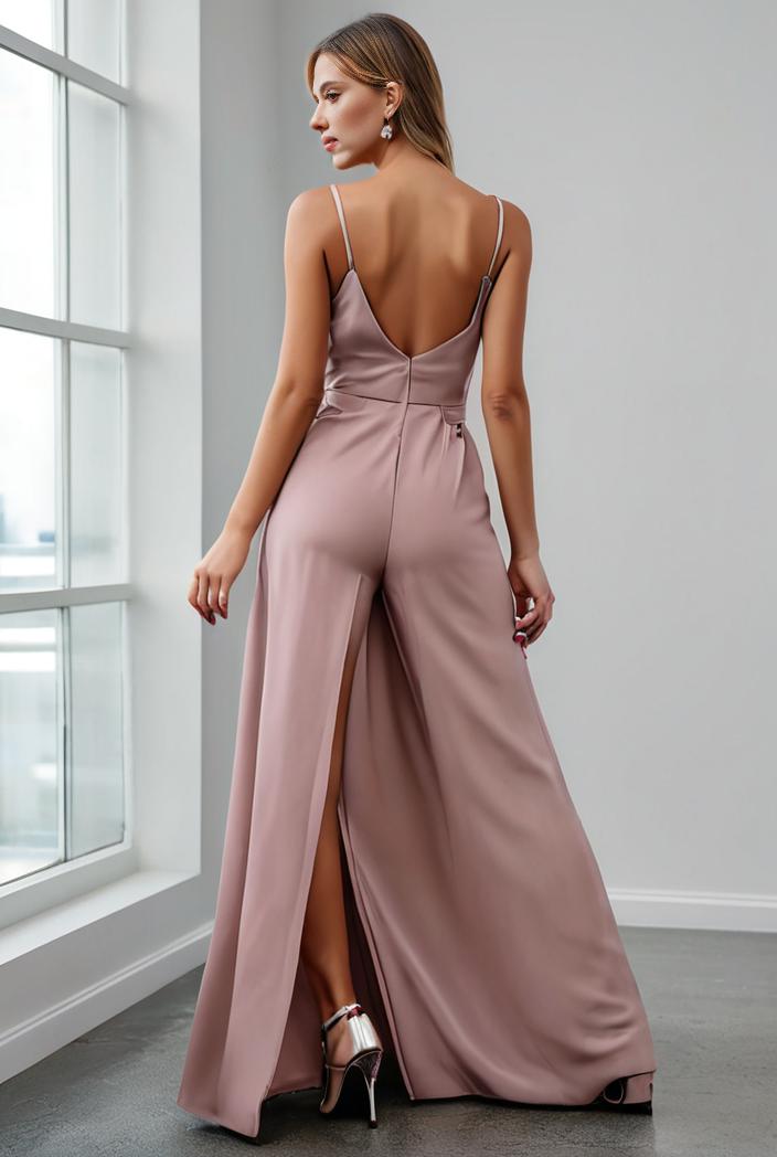 pleated v neck spaghetti strap high slit bridesmaid dress 127097