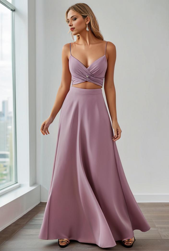 pleated v neck spaghetti strap high slit bridesmaid dress 127098