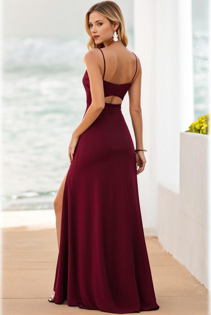 pleated v neck spaghetti strap high slit bridesmaid dress 127101