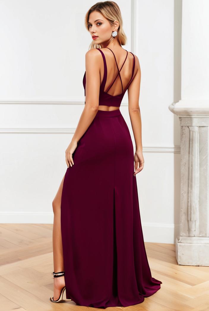 pleated v neck spaghetti strap high slit bridesmaid dress 127103
