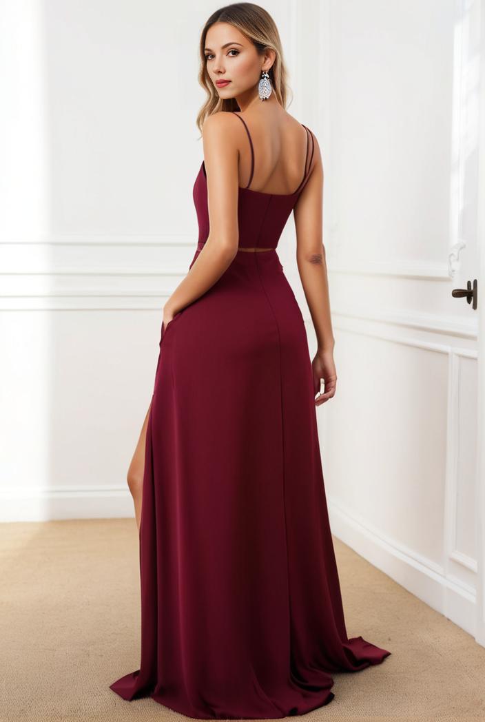 pleated v neck spaghetti strap high slit bridesmaid dress 127105