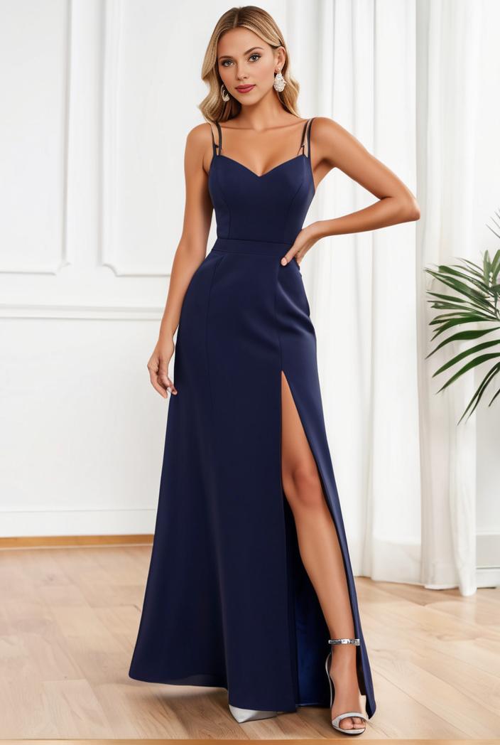 pleated v neck spaghetti strap high slit bridesmaid dress 127110