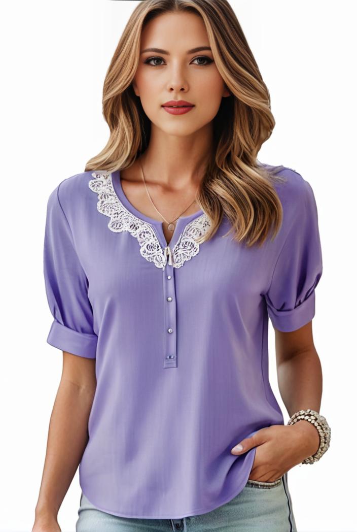 plus size elegant blouse women s plus solid contrast lace ribbed puff sleeve v neck shirt top 128294