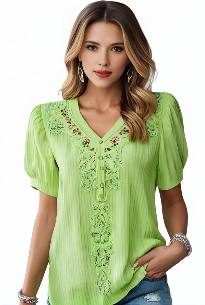 plus size elegant blouse women s plus solid contrast lace ribbed puff sleeve v neck shirt top 128305