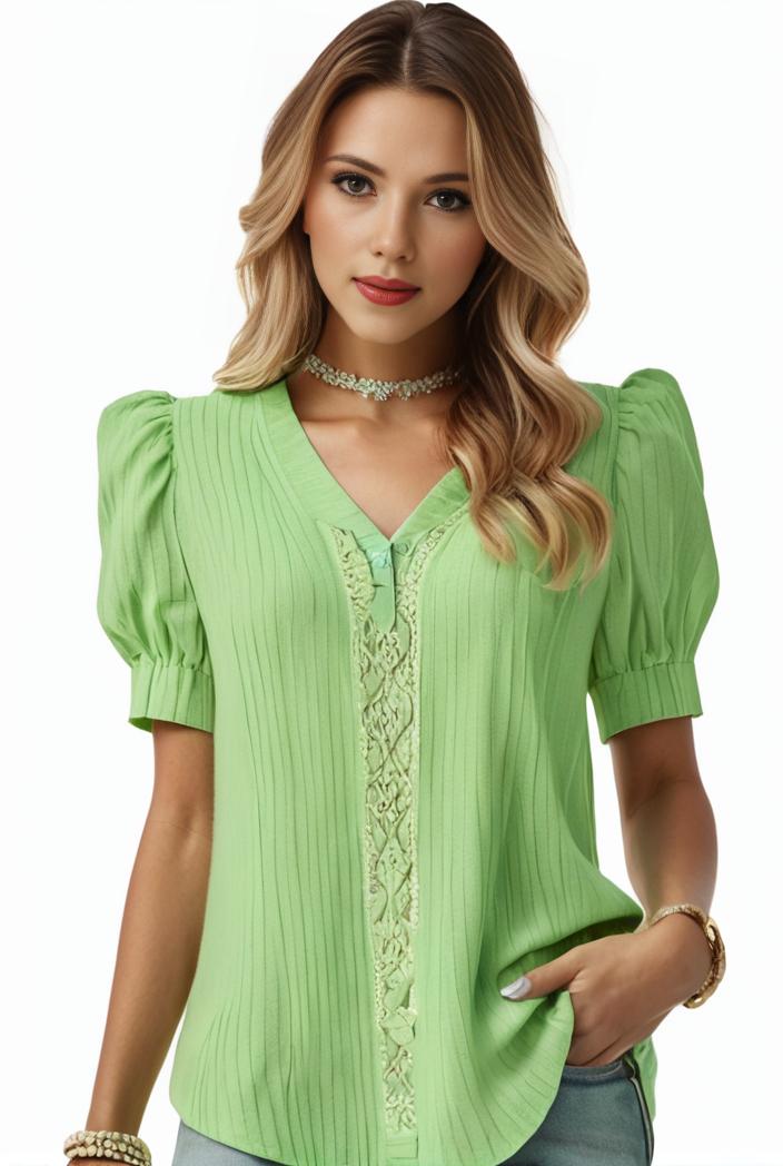 plus size elegant blouse women s plus solid contrast lace ribbed puff sleeve v neck shirt top 128307
