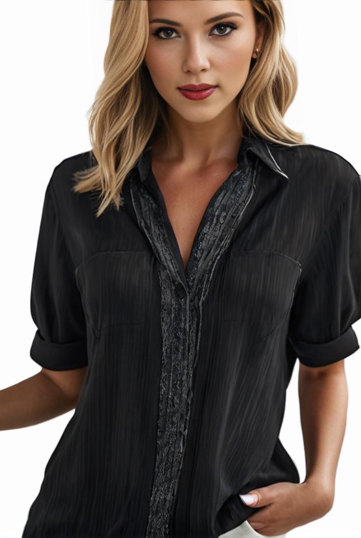 plus size elegant blouse women s plus solid contrast lace ribbed puff sleeve v neck shirt top 128312