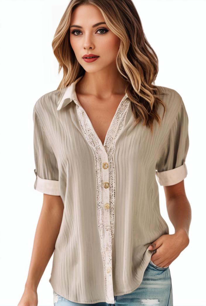 plus size elegant blouse women s plus solid contrast lace ribbed puff sleeve v neck shirt top 128329