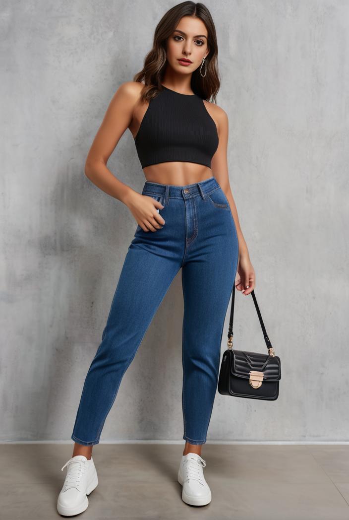 slim fit drawstring denim jeans with elastic waist for women 100534