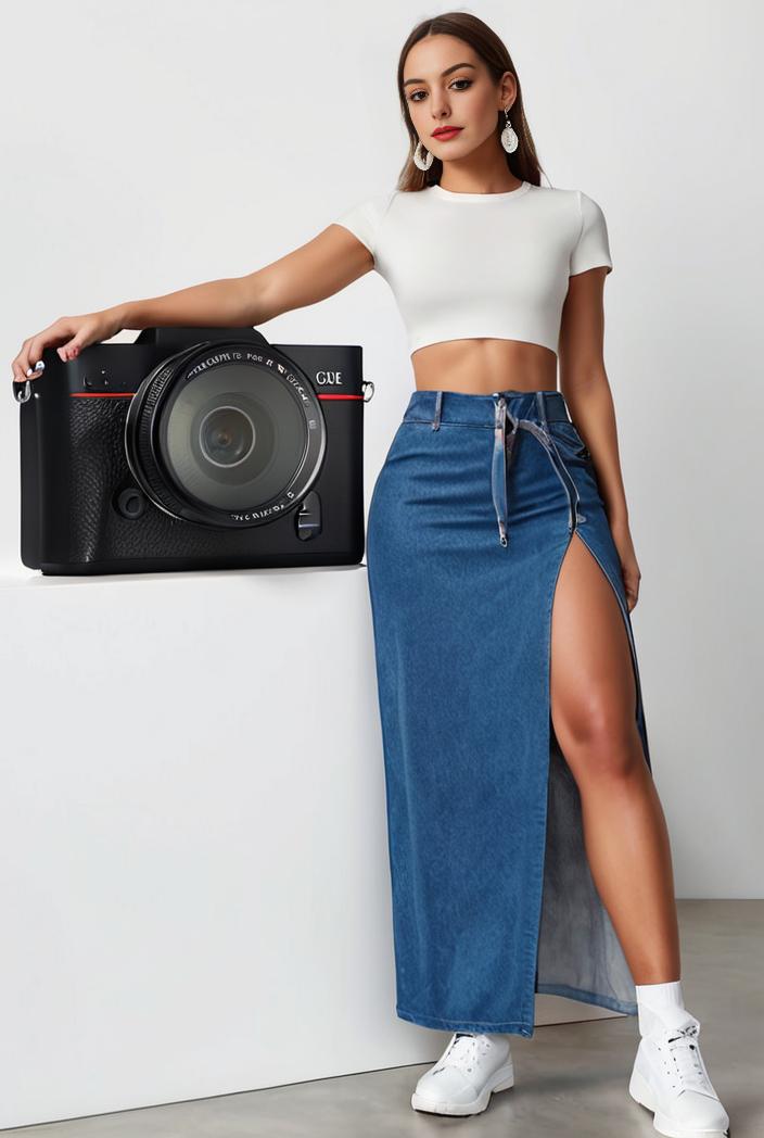 split thigh casual denim midi skirt with slant pockets 102316