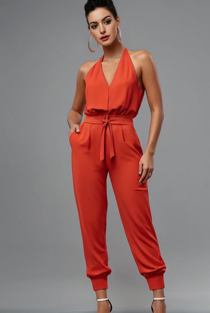 stylish sleeveless jumpsuit with tie waist and flap pockets for women 103065