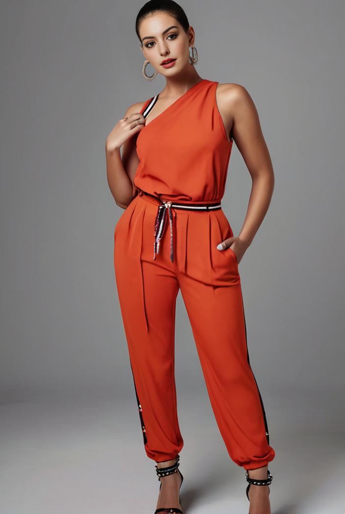 stylish sleeveless jumpsuit with tie waist and flap pockets for women 103069