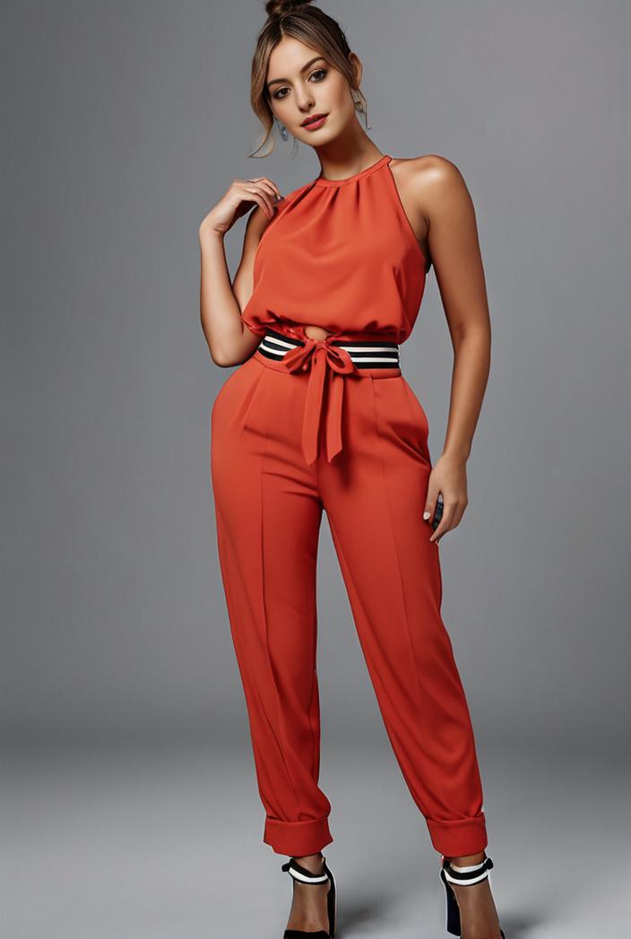 stylish sleeveless jumpsuit with tie waist and flap pockets for women 103072