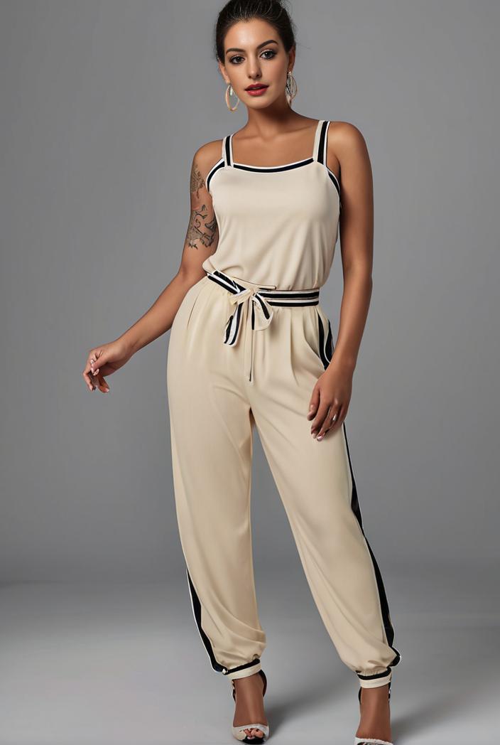 stylish sleeveless jumpsuit with tie waist and flap pockets for women 103078