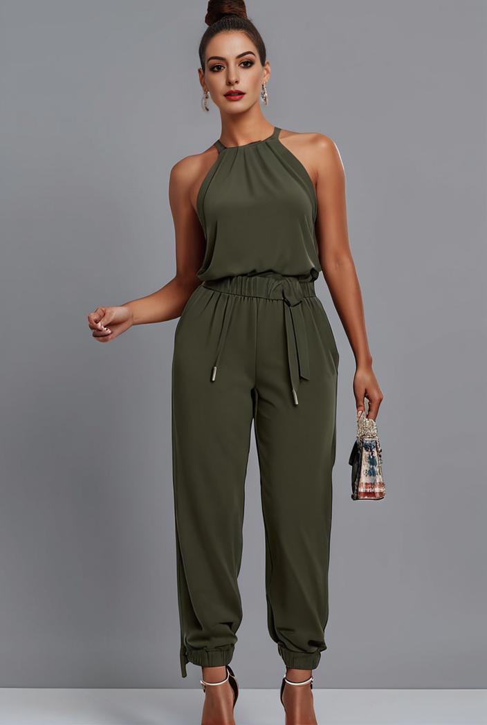 stylish sleeveless jumpsuit with tie waist and flap pockets for women 103084