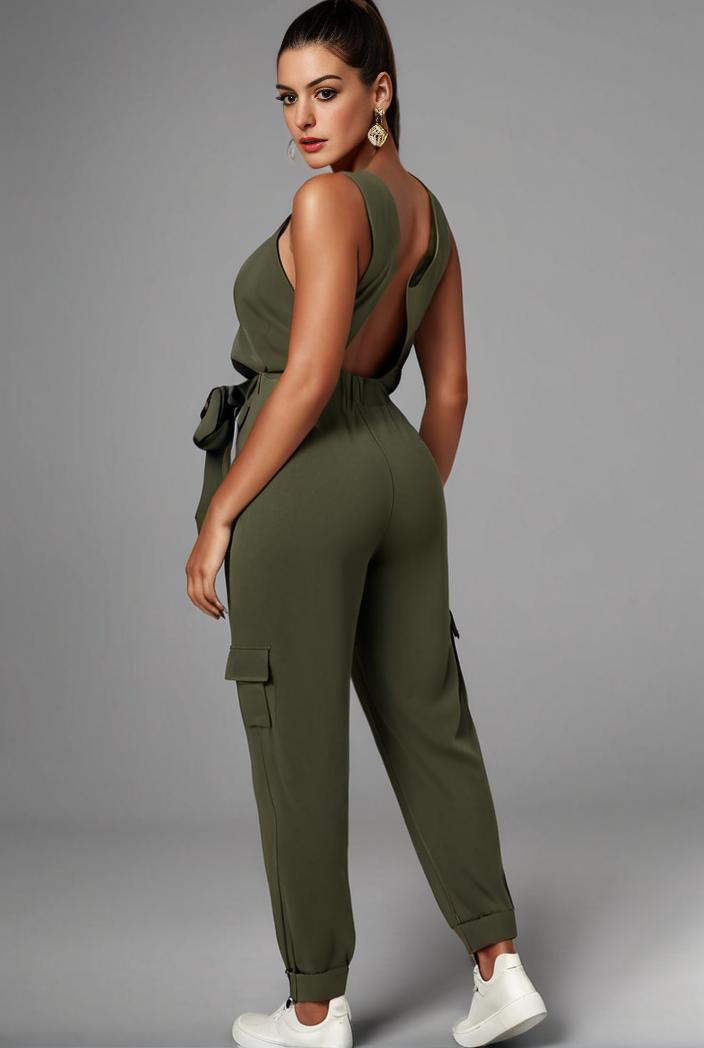 stylish sleeveless jumpsuit with tie waist and flap pockets for women 103091