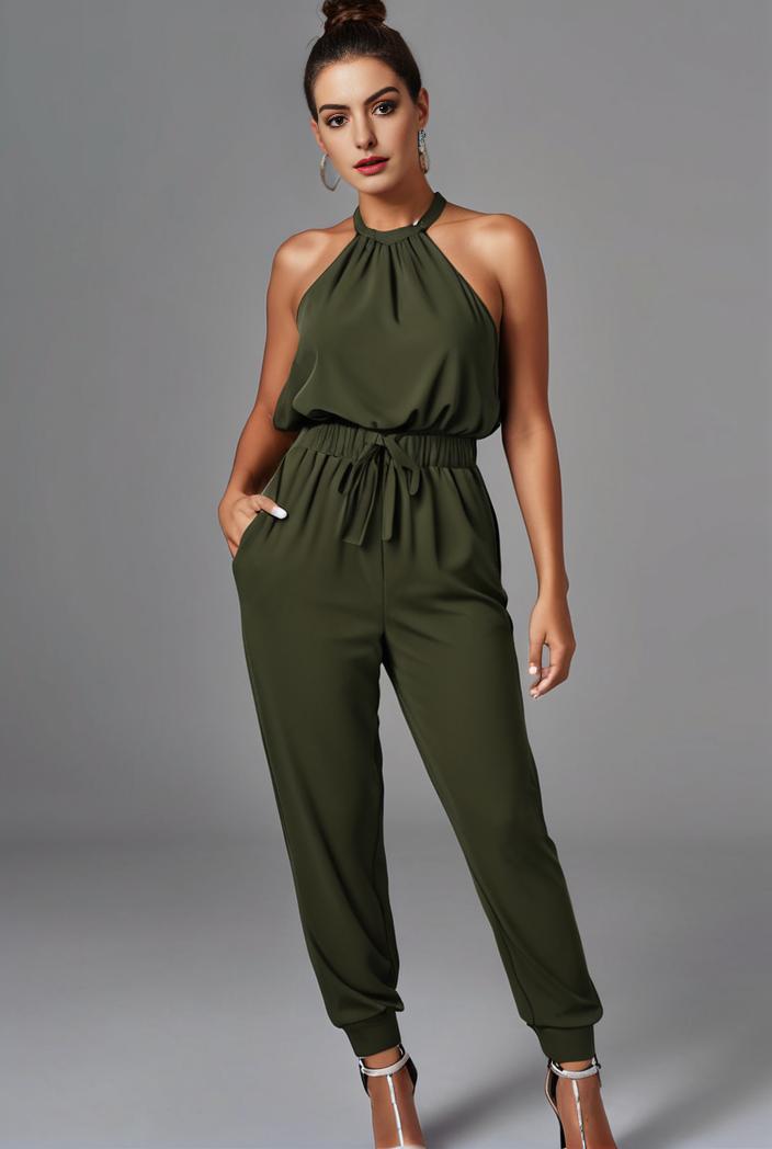 stylish sleeveless jumpsuit with tie waist and flap pockets for women 103100