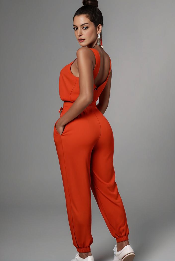 stylish sleeveless jumpsuit with tie waist and flap pockets for women 103114